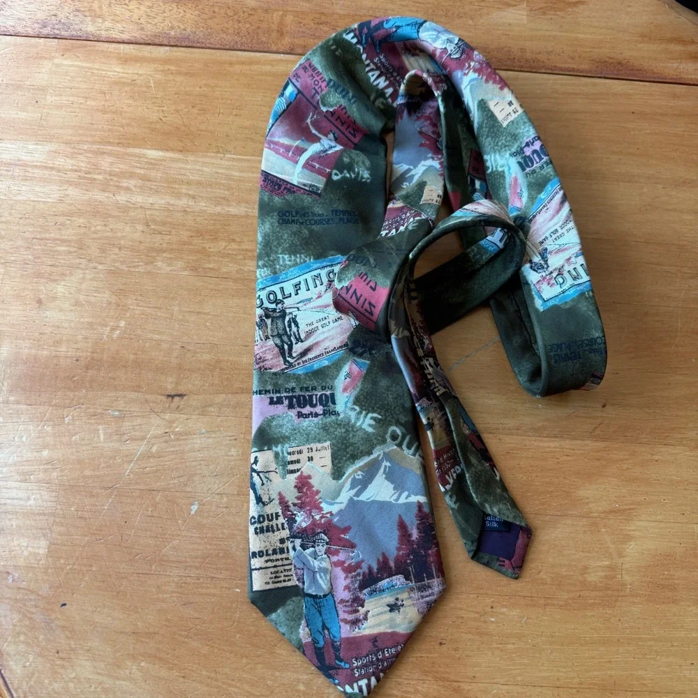 Zylos George Machado Silk Tie Vintage Golf Tennis Sports Graphic Olive Green